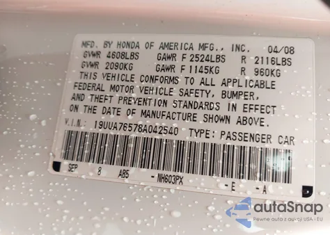 2008 Acura Tl Type S z USA, uszkodzony, nr VIN 19UUA76578A042540